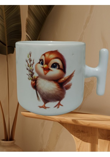 Sevimli Serçe Çift Taraf Baskılı T Kupa Bardak Beyaz T