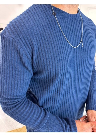 Uzun Kollu Tişört Fitilli Bisiklet Yaka Yumuşak Dokulu Tüylenmez Pamuklu Kazak Sweatshirt Lacivert