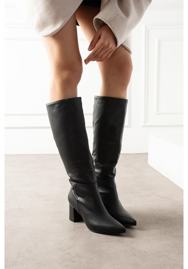 Shoetek Lollr Kadın Çizme Kalın Topuklu Kırışık Siyah Deri Siyah