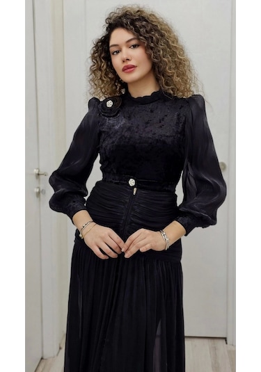 Çiçek Detaylı Çıkarılabilir Etekli Kadife Abiye 2752-siyah Siyah