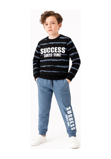 Erkek Çocuk 2 İplik Şardonsuz Alt-üst Takım Yatay Desenli 3-10 Yaş 12414 Petrol Mavisi