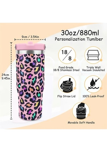 Trendooze Yeşil Leopar Desenli 30 Oz Paslanmaz Çelik Termos Çift Katmanlı Vakum Yalıtımlı Sızdırmaz Kapak Taşıma Saplı Kampçılı Yeşil