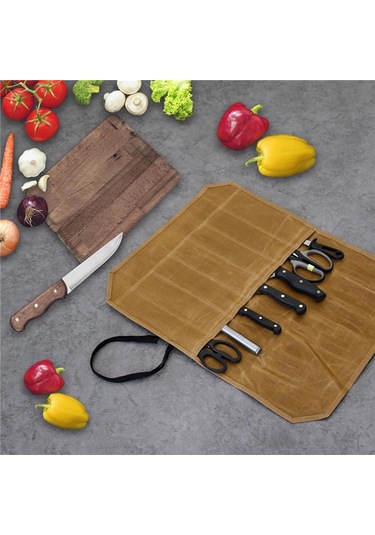 Geeksen 7 Bölmeli Yeşil Kahverengi Mürekkep Kumaş Bıçak Çantası - Taşınabilir, Katlanabilir, Kamp Ve Mutfak Gereçleri İçin Su Geçirmez Saklama Çantası Yeşil