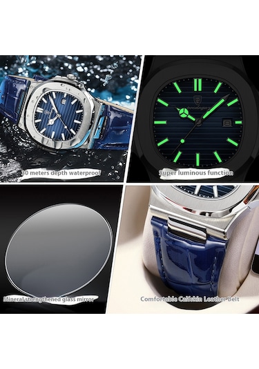 Poedagar 61310 İnce Erkek Saati Su Geçirmez Işıklı Kuvars Saat Gül Altın Mavi Deri Kemer