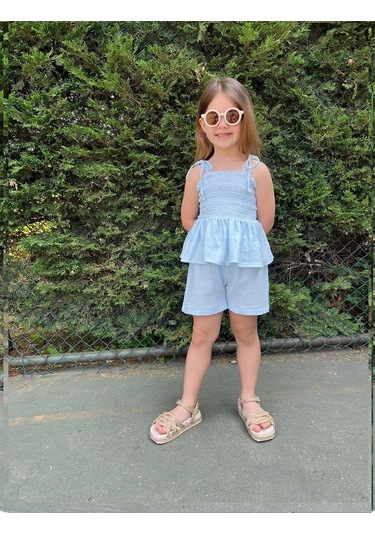 Müslin Kumaş Şortlu Kız Çocuk Takım Mavi