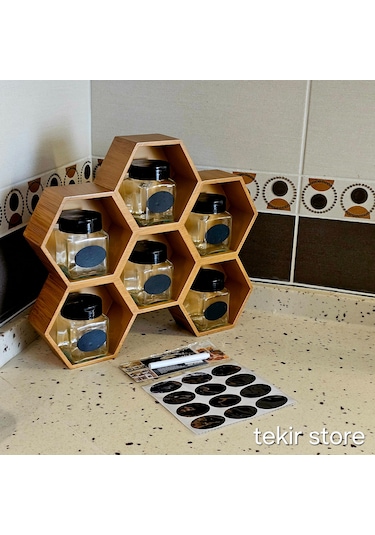 6'lı Baharatlık Takımı Ahşap Bambu Eskitme Standlı Petek Model Bambu