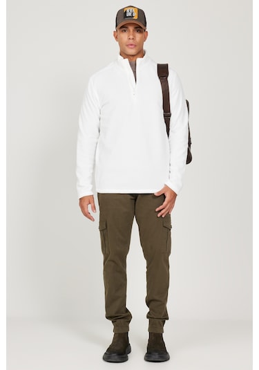 AC&Co / Altınyıldız Classics Anti-Pilling Tüylenme Yapmayan Bato Yaka Erkek Polar Sweatshirt Beyaz