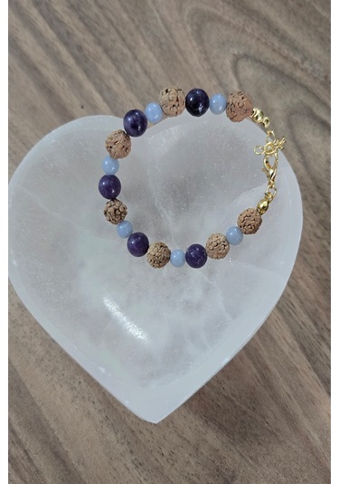8 Mm Rudrashka, Lepidolit, 6 Mm Anjelit Doğal Taş Bileklik Çok Renkli