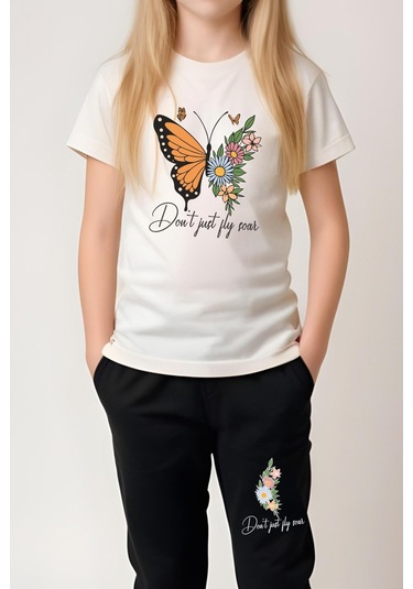 Don't Just Fly Baskılı Kız Çocuk Tişört Ve Eşofman Alt-üst Takım KREM