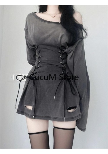 Yeni Fairycore Grunge Goth Korse Elbise Kadın Estetik Harajuku Streetwear Bandaj Ince Bodycon Elbise Y2k 90s Bağımsız Giysiler Koyu Gri