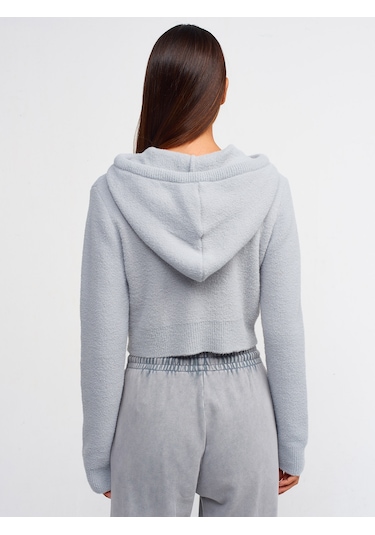 Dilvin Yumuşak Dokulu Kapşonlu Crop Kazak Gri