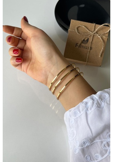 Gold Kaplama Düz 3 Lü Çelik Ajda Model Bilezik 65 Mm Gold