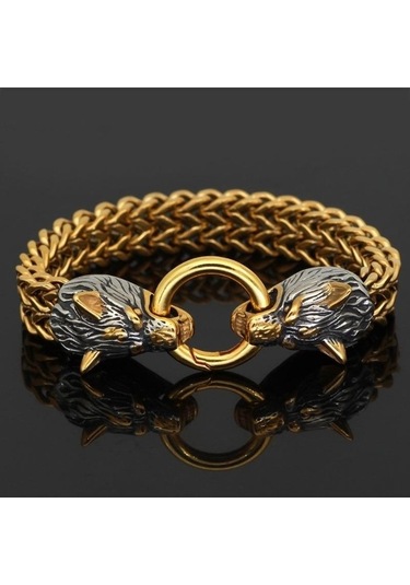 Novahub Siyah İskandinav Vintage Viking Paslanmaz Çelik Erkek Bilezik, Kurt Tasarımı, Erkeksi Görünüm, 21cm, Hediye İdeali Siyah