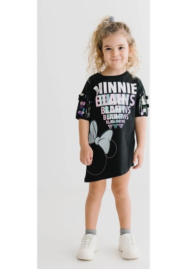 Minnie Mouse Lisanslı Siyah Pullu Kol Şık Elbise Mn17666 Siyah