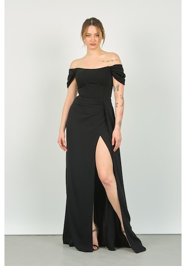 Doridorca Kadın Straplez Korseli Kol Detaylı Derin Yırtmaçlı Uzun Abiye Elbise 5136 Siyah
