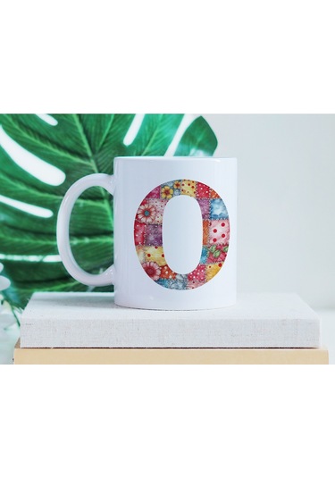 O Harfli Retro Çiçekli Kupa Bardak - Patchwork Tarz Yamalı Desenli İsme Özel Kupa - Hediye 07 Beyaz
