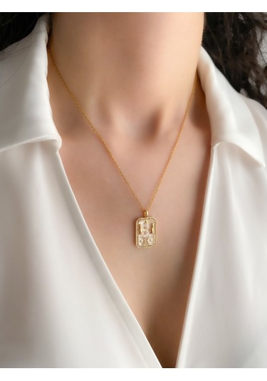 Kadın Çelik Kolye Burç Seri Sedef Plaka İkizler Burcu Kolye Altın