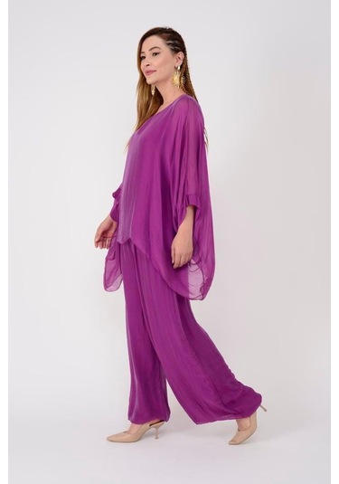 İtalyan Yarasa Kol İpek Bluz & Pantolon Takım-8767 Leylak Çok Renkli