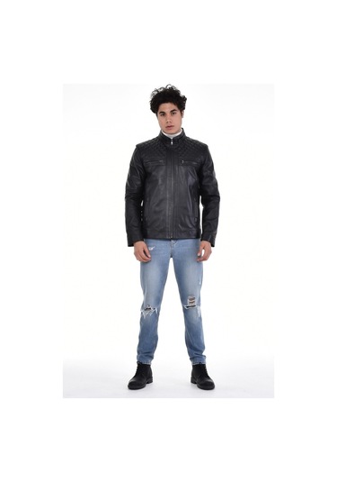 Hakiki Deri Siyah Erkek Deri Mont Omuzdan Baklava Desenli Dört Cepli Deri Ceket Siyah