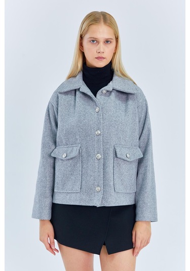 4410 Kadın Balık Sırtı Kısa Kaban Gri Gri