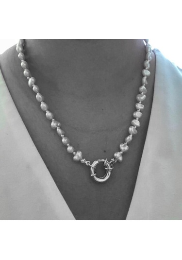 Gümüş Renk Kadın Barok Kilit Dümen Incili Kolye Gümüş