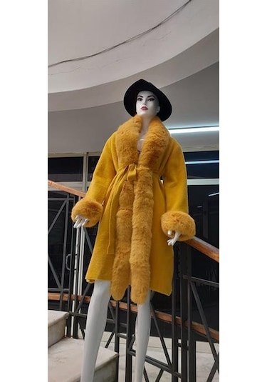 Pula Yakası Kolları Komple Kürklü Uzun Angora Kaban 110 Cm Sarı