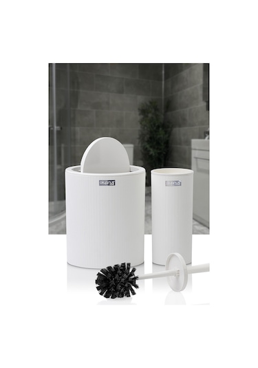 Okyanus Home Mina Beyaz Çizgili Yuvarlak 2'li Wc Kova ve Fırça Seti Beyaz