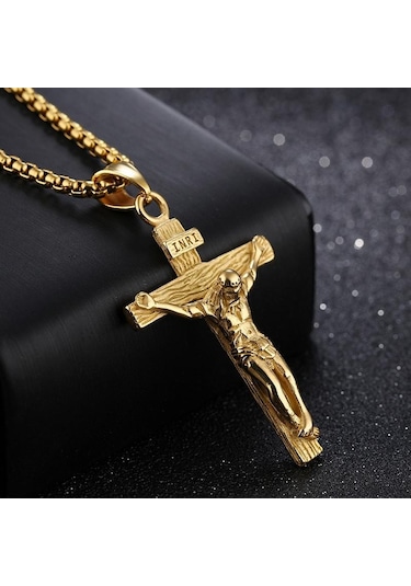 Altın Erkek Gümüş Paslanmaz Çelik İsa Mesih Haç Çapraz Kolye Kolye Zinciri