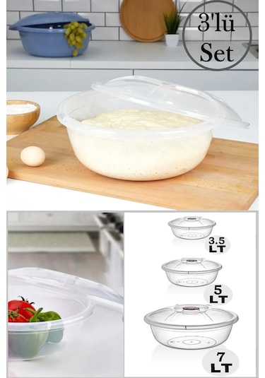 Bayev Mrd230 Şeffaf 3'lü Kapaklı Hamur Leğen Seti Plastik Set 3.5 5 Ve 7 Lt