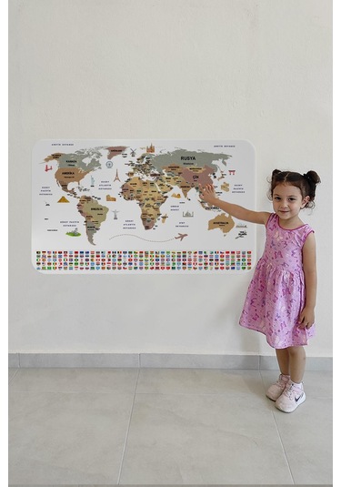 Türkçe Ülke Bayrak Lı Eğitici Başkent Detaylı Atlası Dünya Haritası Duvar Sticker -60x105-3862 - Renkli Çok Renkli
