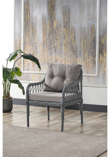 Joy Rattan Puflu Bahçe Balkon Takımı 3+1+1+ Camlı Masa Gri Gri