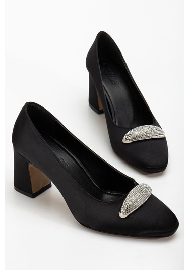 Kadın Siletto Topuklu Ayakkabı Siyah Saten Taşlı Kalın Topuklu-4166 Siyah