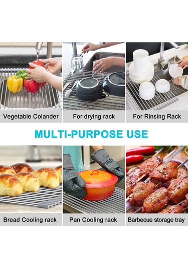 Kangvka Katlanabilir Paslanmaz Çelik Ve Silikon Bulaşık Kurutma Rafı - 18 Borulu, Meyve Sebze Askısı Gri