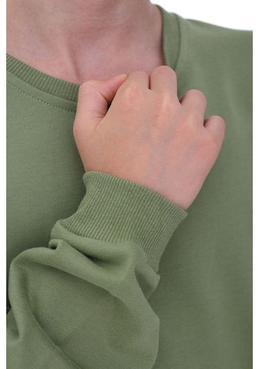 Zuzunga Oversize Unisex Basic Düz Haki Renk %100 Pamuk Sweatshirt 2-11 Yaş Haki