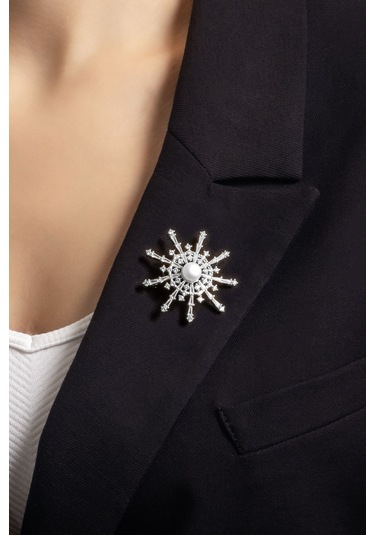 İnci Yıldızı 18 Ayar Beyaz Altın Kaplama Gümüş Broş Beyaz