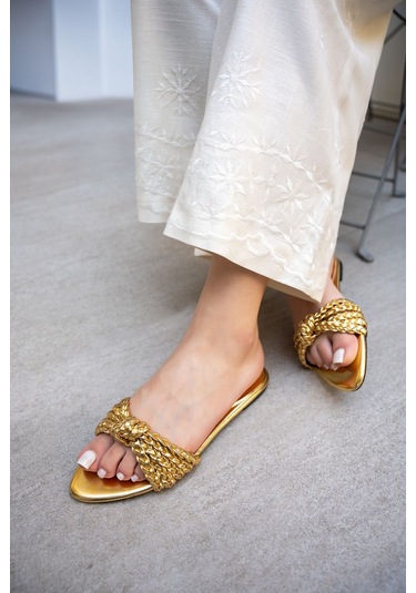 Mirim Örgü Detaylı Kadın Terlik Gold Altın