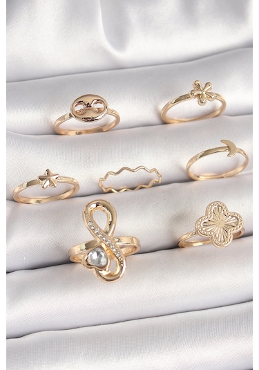 Pirinç Gold Renk Zirkon Taşlı Sonsuzluk Figür Yıldız Detay Kadın Yüzük Kombini - Tj-byk3674 Çok Renkli