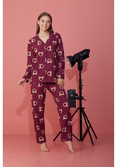 Kadın Mevsimlik Pamuklu Penye Pijama Takımı Önden Düğmeli Bordo