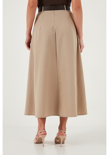 Lela Modest Kemerli Comfort Fit Yüksek Bel Pileli Kloş Uzun Tesettür Bayan Etek 6833360 Camel