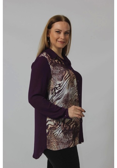 Moda Berray 2320 Leopar Desenli Şifon Gömlek Mürdüm