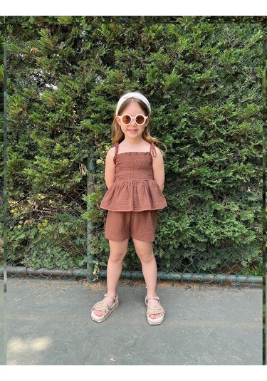 Müslin Kumaş Şortlu Kız Çocuk Takım Kahverengi