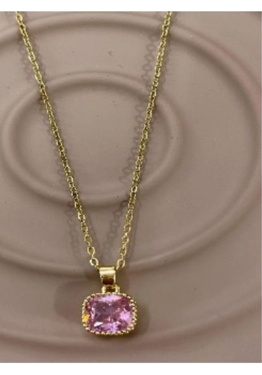 Kare Pembe Zirkon Taşlı Gold Renk Çelik Kolye Gold