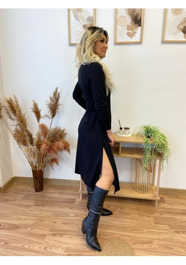 Nnstartshopping Kadın Uzun Kollu Balıkçı Yaka Omuzda Damla Detaylı Yırtmaçlı Krep Midi Elbise Siyah