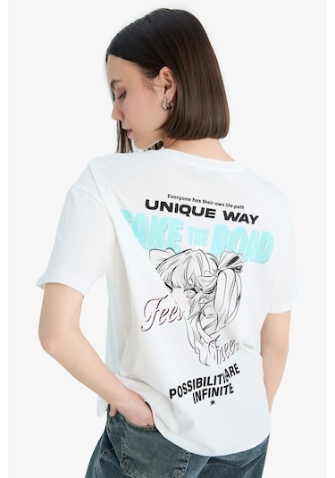 DeFacto Coool Oversize Geniş Kalıp Bisiklet Yaka Baskılı Kısa Kollu Tişört F2241AX25SMWT32