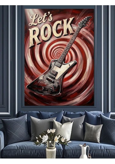 Let's Rock Yazılı Gitar Ve Girdap Dekoratif Kanvas - Mdf Ahşap Tablo
