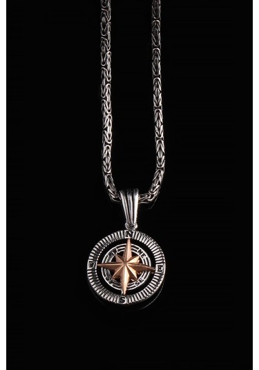 Omar Silver Erkek Kral Zincirli Pusula Model Gümüş Kolye