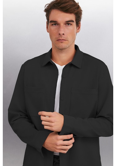 DERIAN Erkek Comfort Fit 2 Cepli Çıt Çıt Düğmeli Siyah Gömlek
