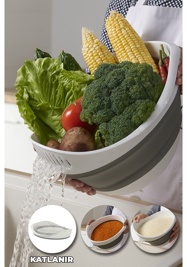 Yer Kaplamaz Katlanabilir Pirinç Bakliyat Ve Yıkama Süzgeci - Meyve Sebze Yıkama - Akordiyon Kap Beyaz - Gri