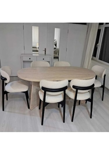 Ruby Bohem Oval Salon 6 Sandalyeli Mutfak Masası Salon Masa Takımı Krem - Siyah