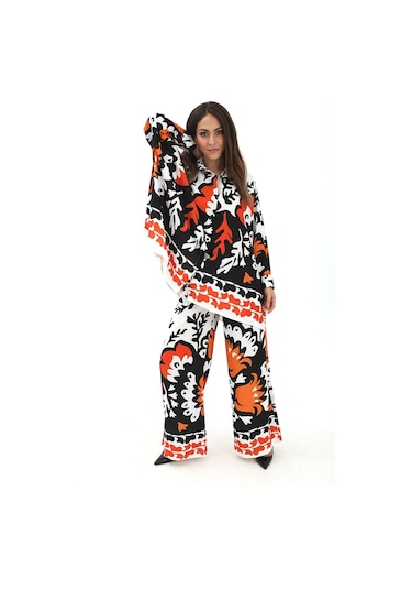 Yanı Yırtmaçlı Lale Desen Jessica Kumaş Takım - Siyah-siyah Siyah